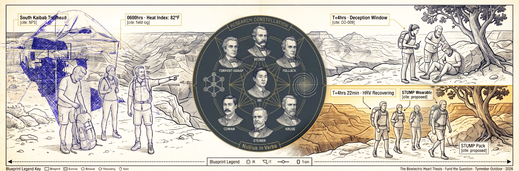 The Bioelectric Heart Thesis — Fund the Question · Tymmber Outdoor research illustration showing Grand Canyon trailhead, research constellation, heat crisis, and recovery with STUMP wearable system