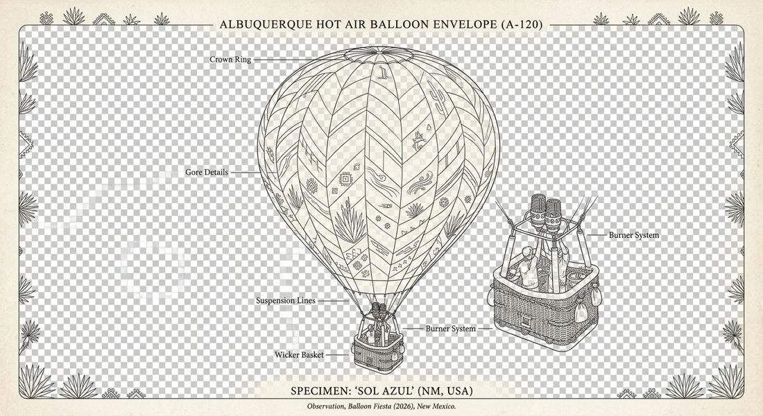 Field guide illustration of a hot air balloon envelope and basket