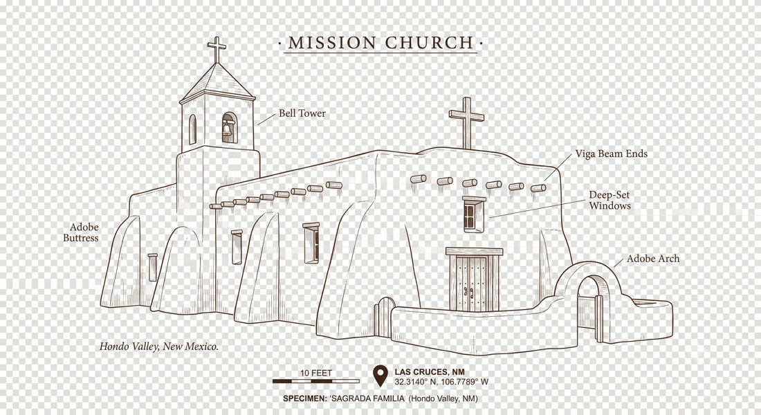 Field guide illustration of an adobe mission church with bell tower