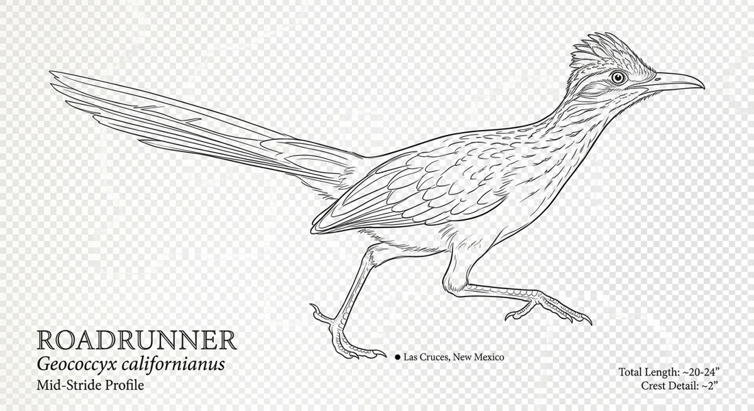 Field guide illustration of a roadrunner in mid-stride