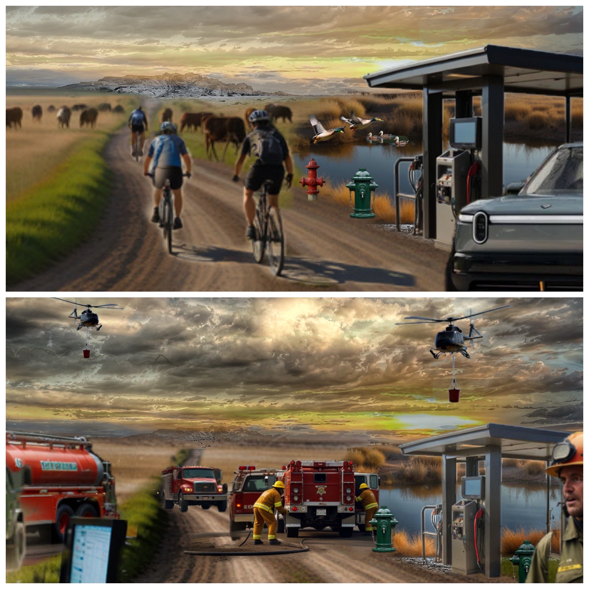 A two-panel illustration: cyclists, cattle, and ducks at a solar-charging and hydrant node on top; firefighters, helicopters, and fire engines at the same node during a wildfire below.
