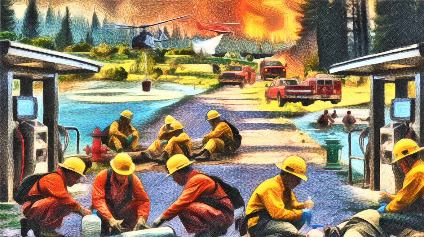 Wildfire response illustration: firefighters refilling at a solar-charging hydrant node beside a ranch pond, helicopters dropping water on a New Mexico wildfire in the background · Sierra County, New Mexico