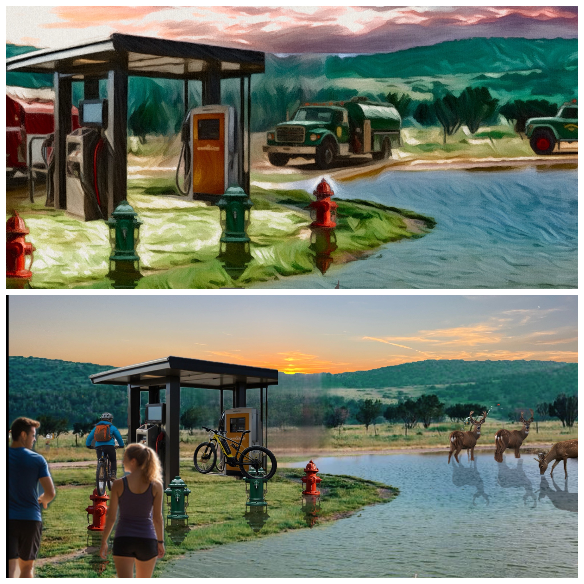 A two-panel illustration: fire apparatus staged at a solar-charging hydrant node beside a pond, above a scene of cyclists and an e-bike charging at the same node while deer drink from the pond at sunset.
