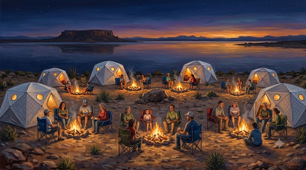Night · SHIFTPOD Village · Campfires · Stars