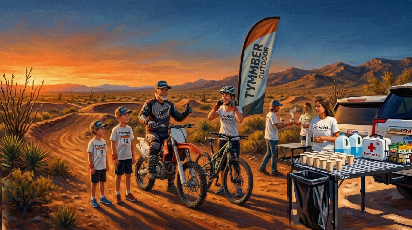 T or C Personal Best Tri · Family PB at the start line · grandfather on dirt bike, kids with race bibs, RAAK deployed at sunset