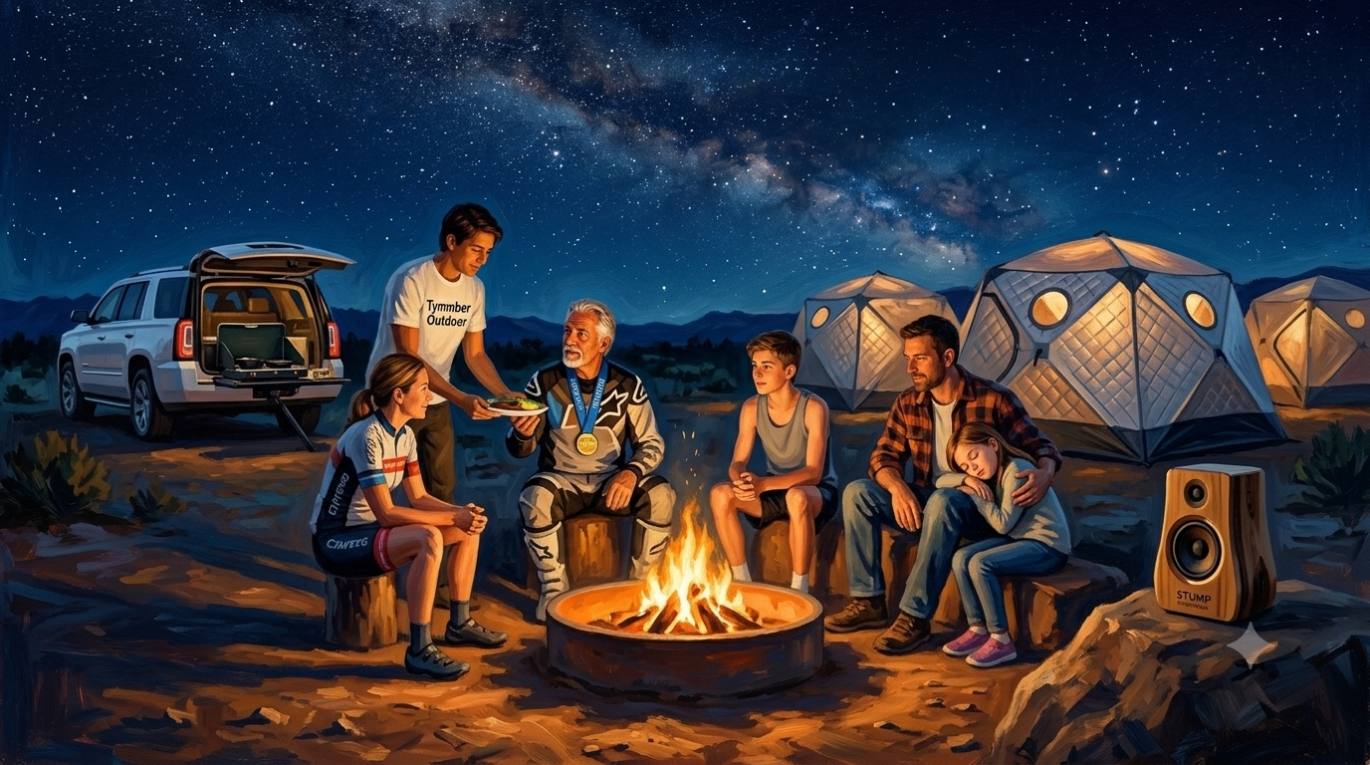 T or C Personal Best Tri · Multi-Gen campfire · grandfather with medal, family around fire, STUMP speaker, SHIFTPOD tents, Milky Way above